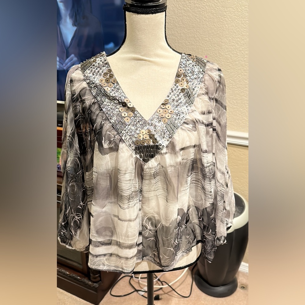 Women’s Black Brand Sheer Cold Shoulder Sequin Top. Size Medium